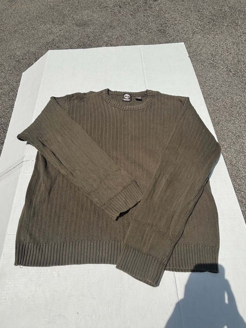 Vintage Timberland Men's Olive Green Ribbed Cotton Crewneck Sweater Size 2XL